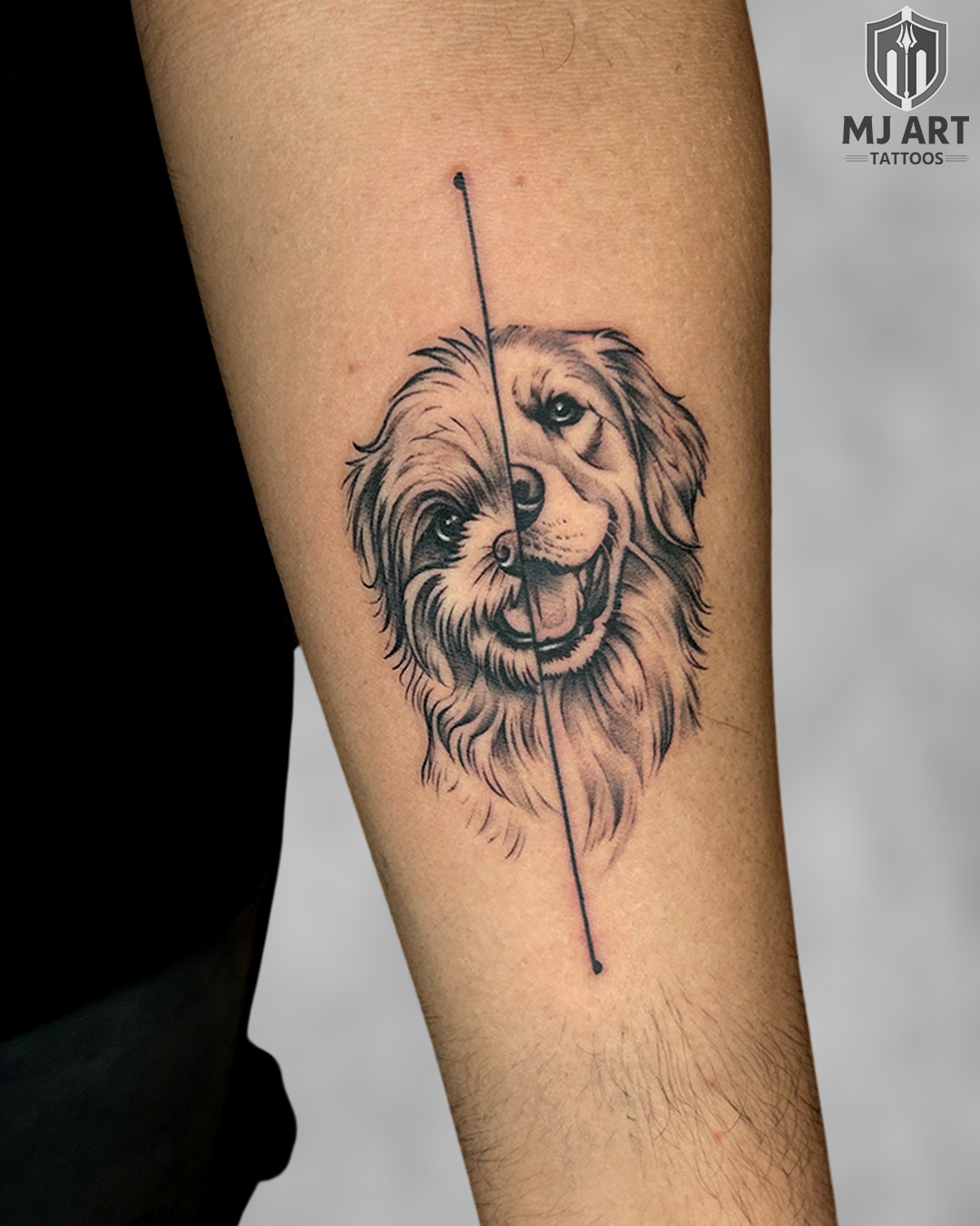 Dog Portrait Split Line Forearm Tattoo