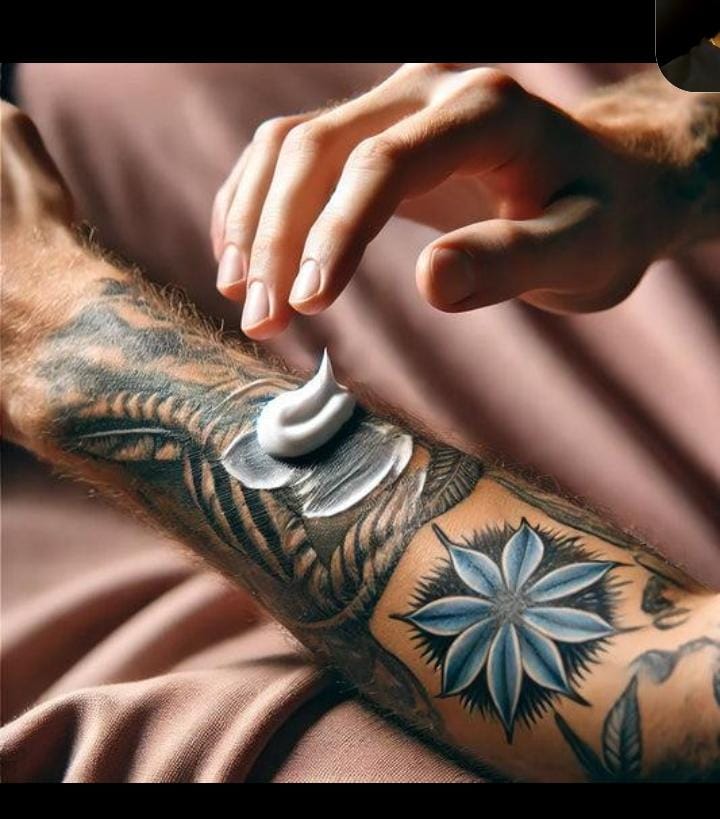 Close-up of tattoo artist applying care to a freshly tattooed arm