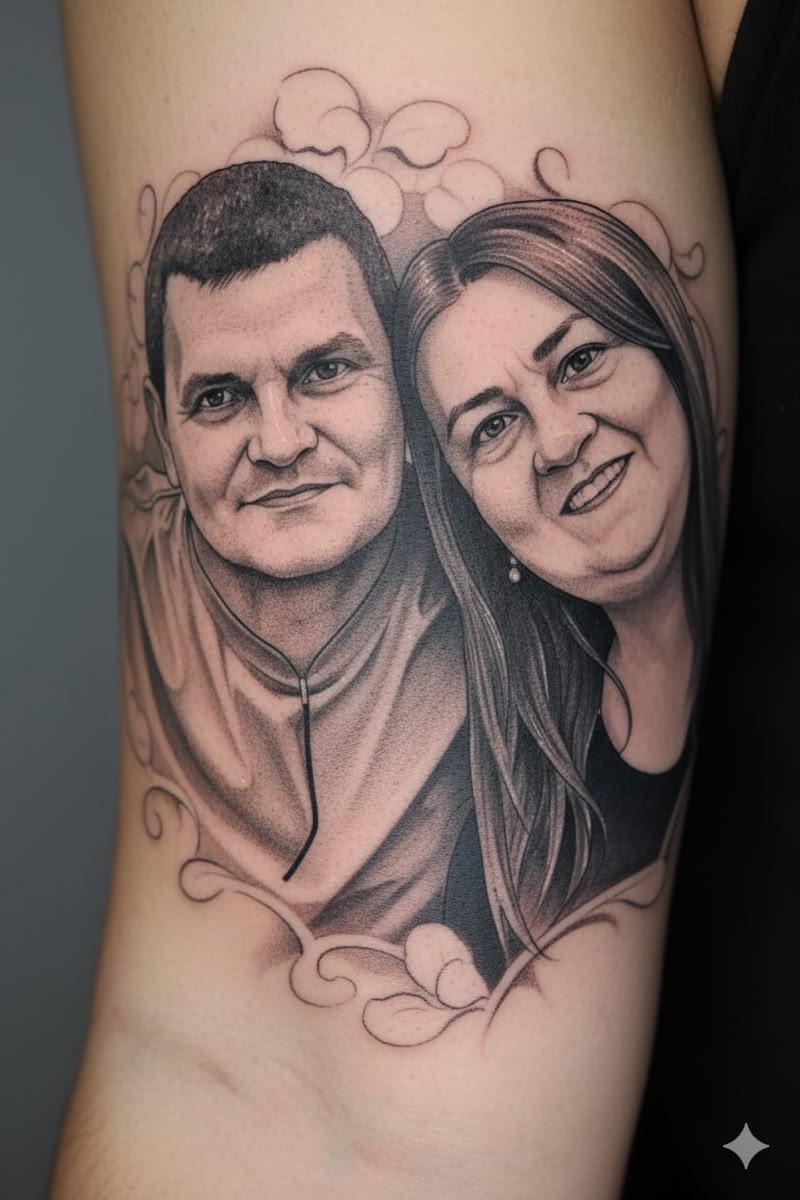 Tattoo artist working on a detailed forearm tattoo in a parlor