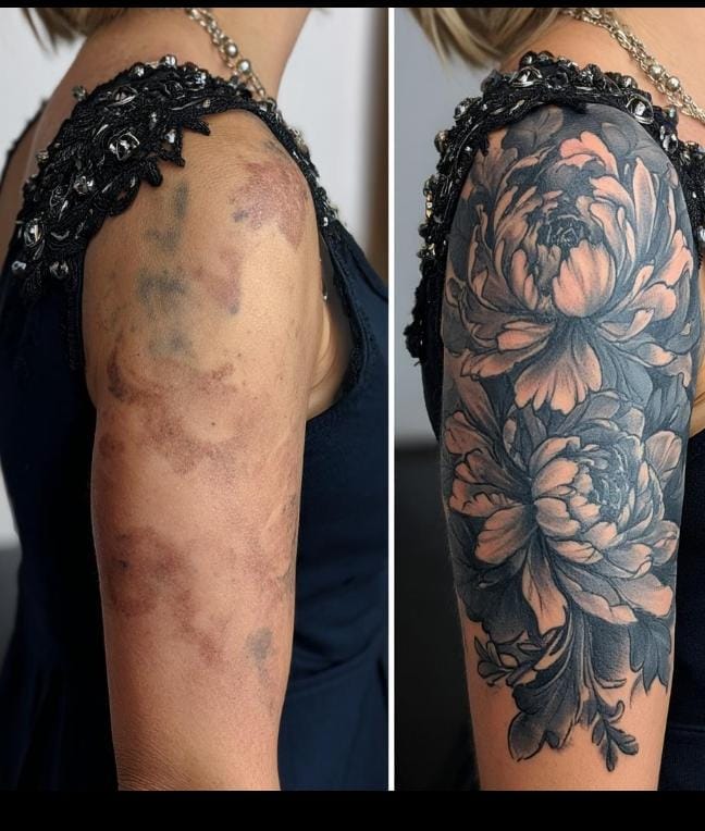 Tattoo artist creating a detailed design to transform an existing tattoo