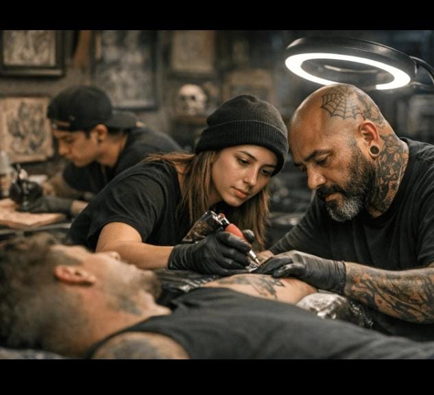 Tattoo artist demonstrating detailed craftsmanship during training